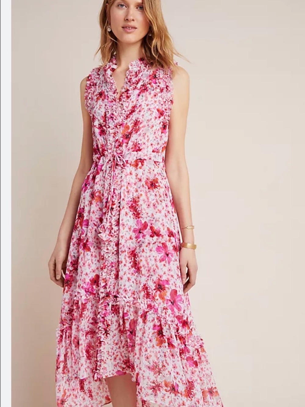 Misa Los Angeles Pink Floral High-Low Ruffle Dress